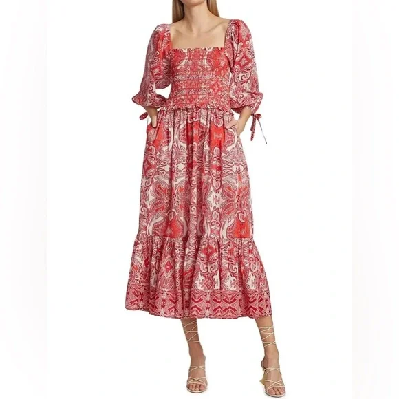 Cara Cara Jazzy Dress. Puff Sleeves. Smocked Bodice. Inkwash Hibiscus. Size S. - Picture 4 of 8